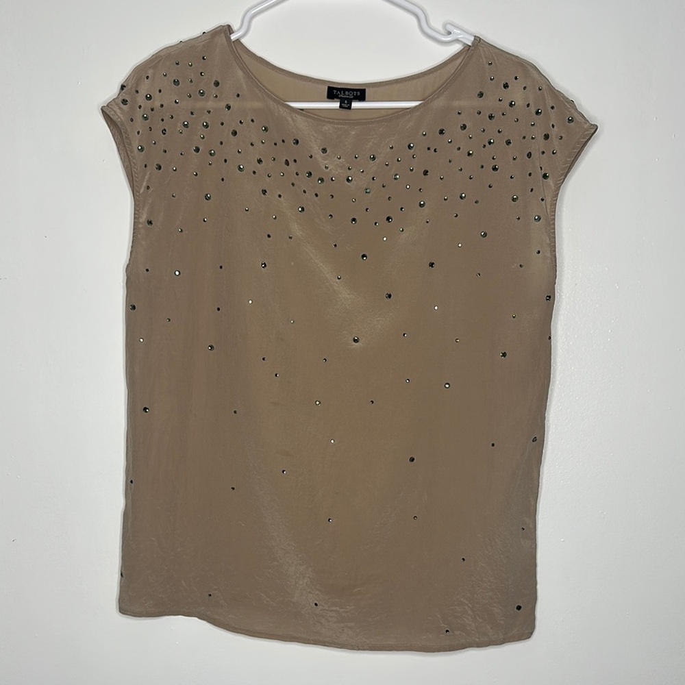 Talbots Brown Embellished Cap Sleeve Blouse